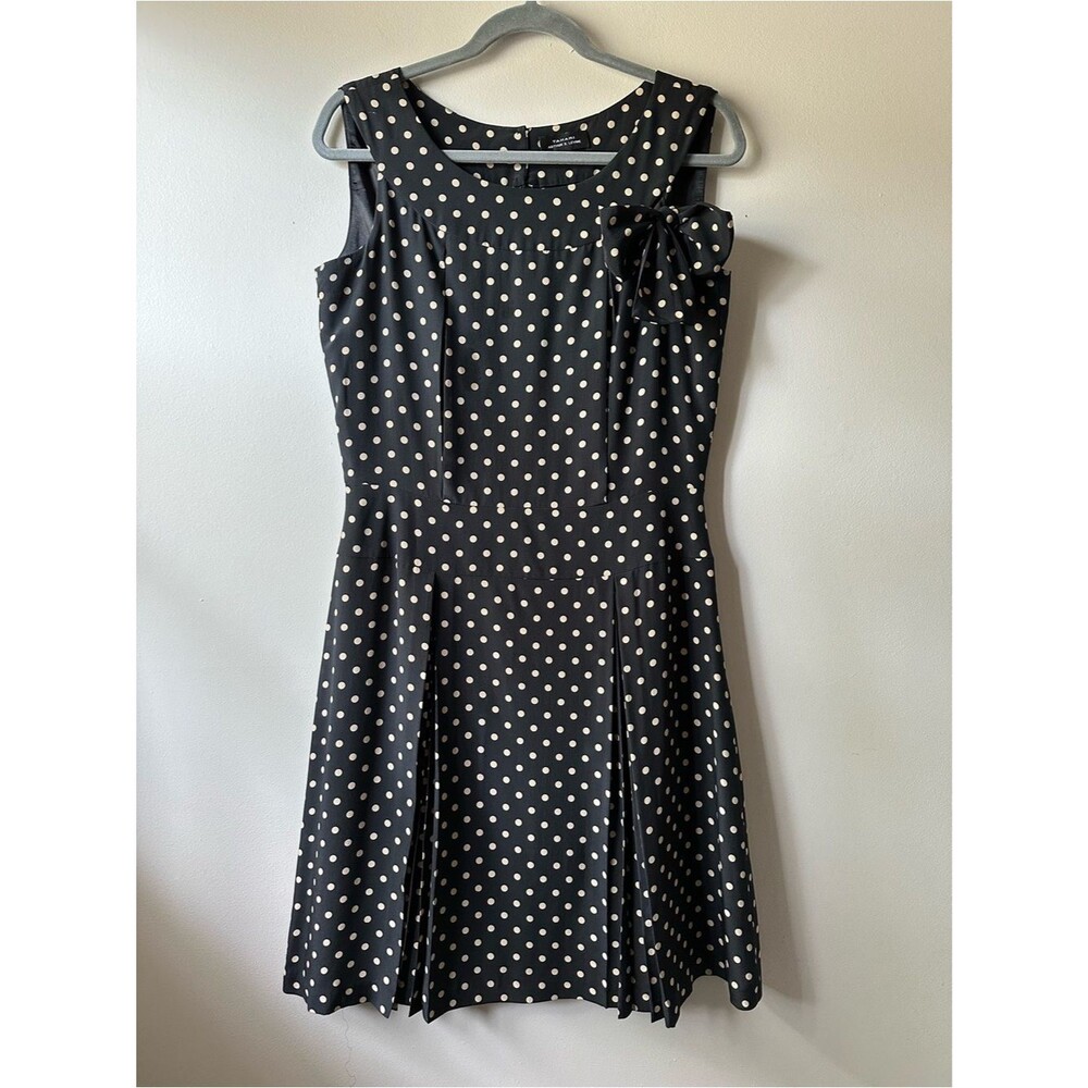 Tahari Arthur Levine Classy Office Black Polka Dot Silk Swing Dress Bow Size 8